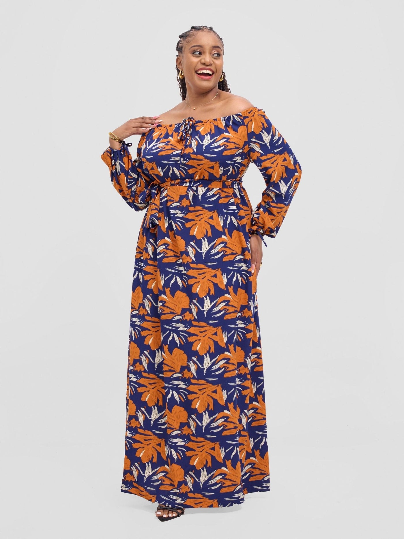 Vivo Zahari Off - Shoulder Maxi Dress - Navy / Orange Zaha Print - Shopzetu