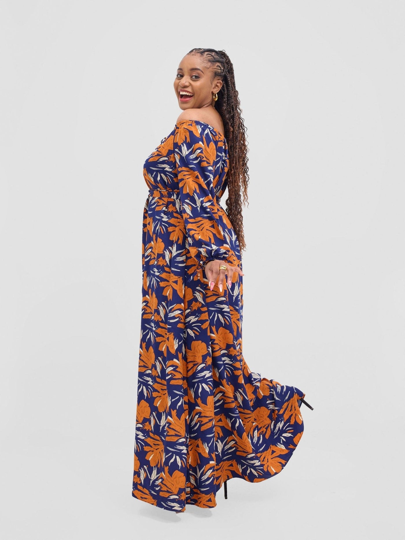 Vivo Zahari Off - Shoulder Maxi Dress - Navy / Orange Zaha Print - Shopzetu