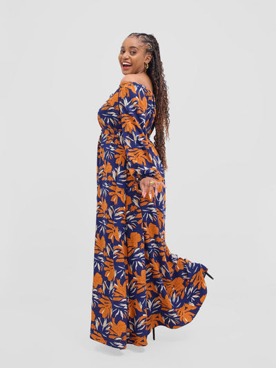 Vivo Zahari Off - Shoulder Maxi Dress - Navy / Orange Zaha Print - Shopzetu