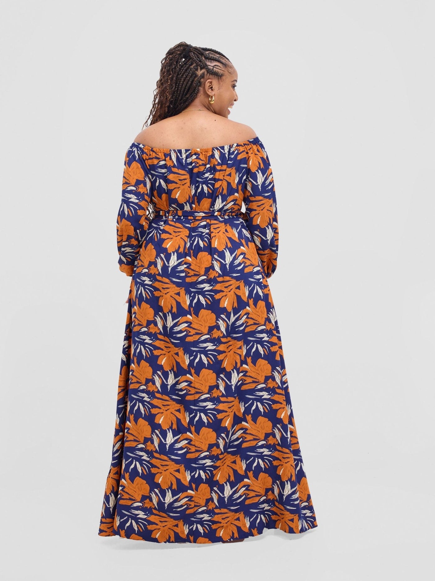 Vivo Zahari Off - Shoulder Maxi Dress - Navy / Orange Zaha Print - Shopzetu