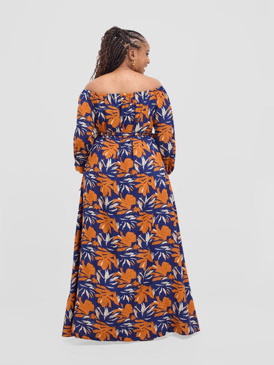 Vivo Zahari Off - Shoulder Maxi Dress - Navy / Orange Zaha Print - Shopzetu