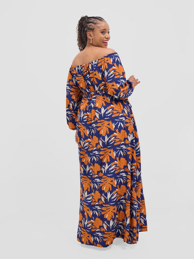 Vivo Zahari Off - Shoulder Maxi Dress - Navy / Orange Zaha Print - Shopzetu