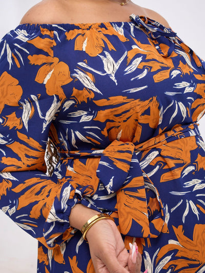 Vivo Zahari Off - Shoulder Maxi Dress - Navy / Orange Zaha Print - Shopzetu