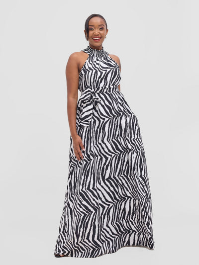 Vivo Alek Halter Neck Maxi Dress - Black / White Mistari Print - Shopzetu