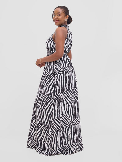 Vivo Alek Halter Neck Maxi Dress - Black / White Mistari Print - Shopzetu