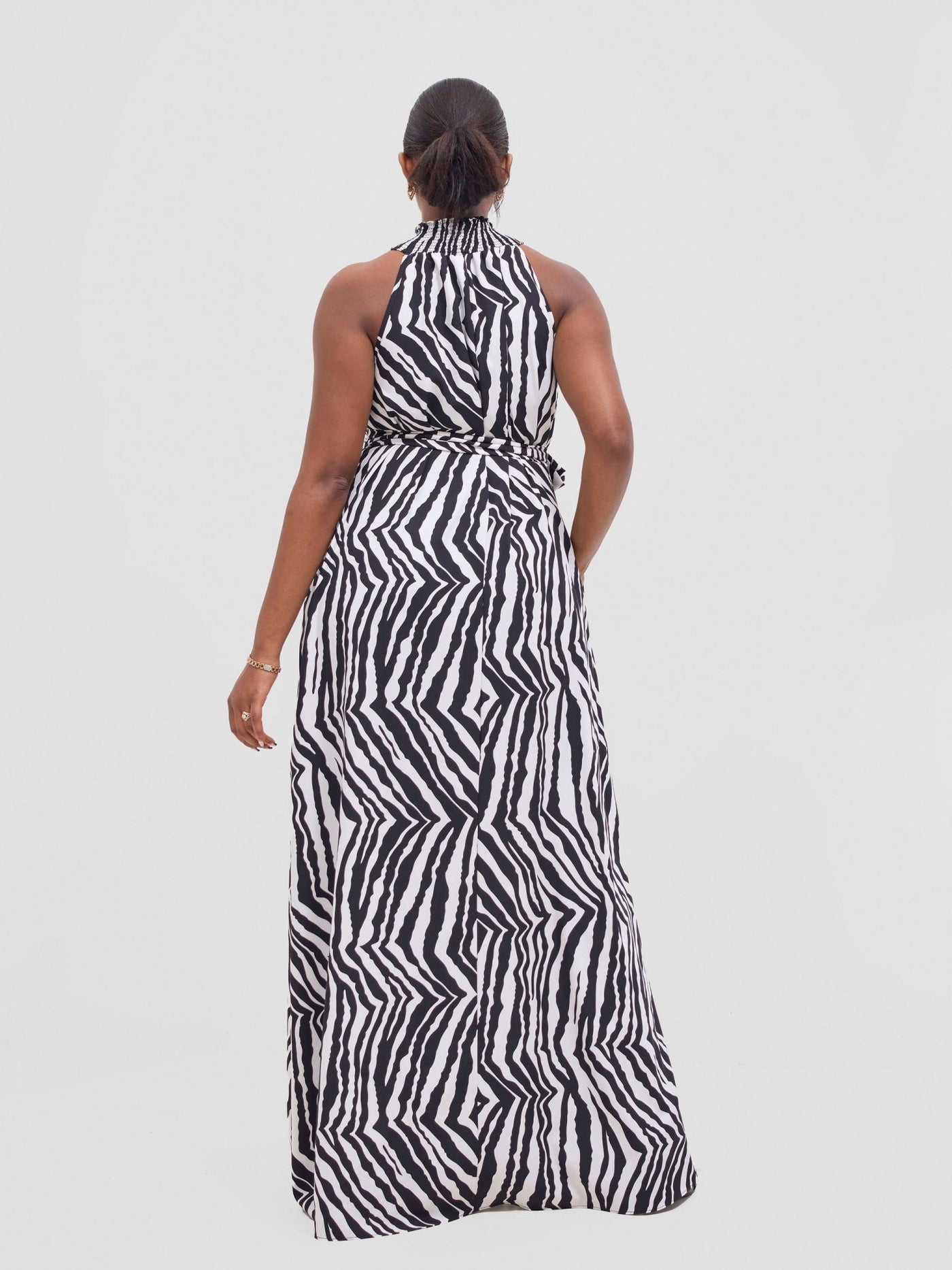 Vivo Alek Halter Neck Maxi Dress - Black / White Mistari Print - Shopzetu