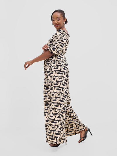 Vivo Ayla Off - Shoulder Jumpsuit - Black / Taupe Umbo Print - Shopzetu