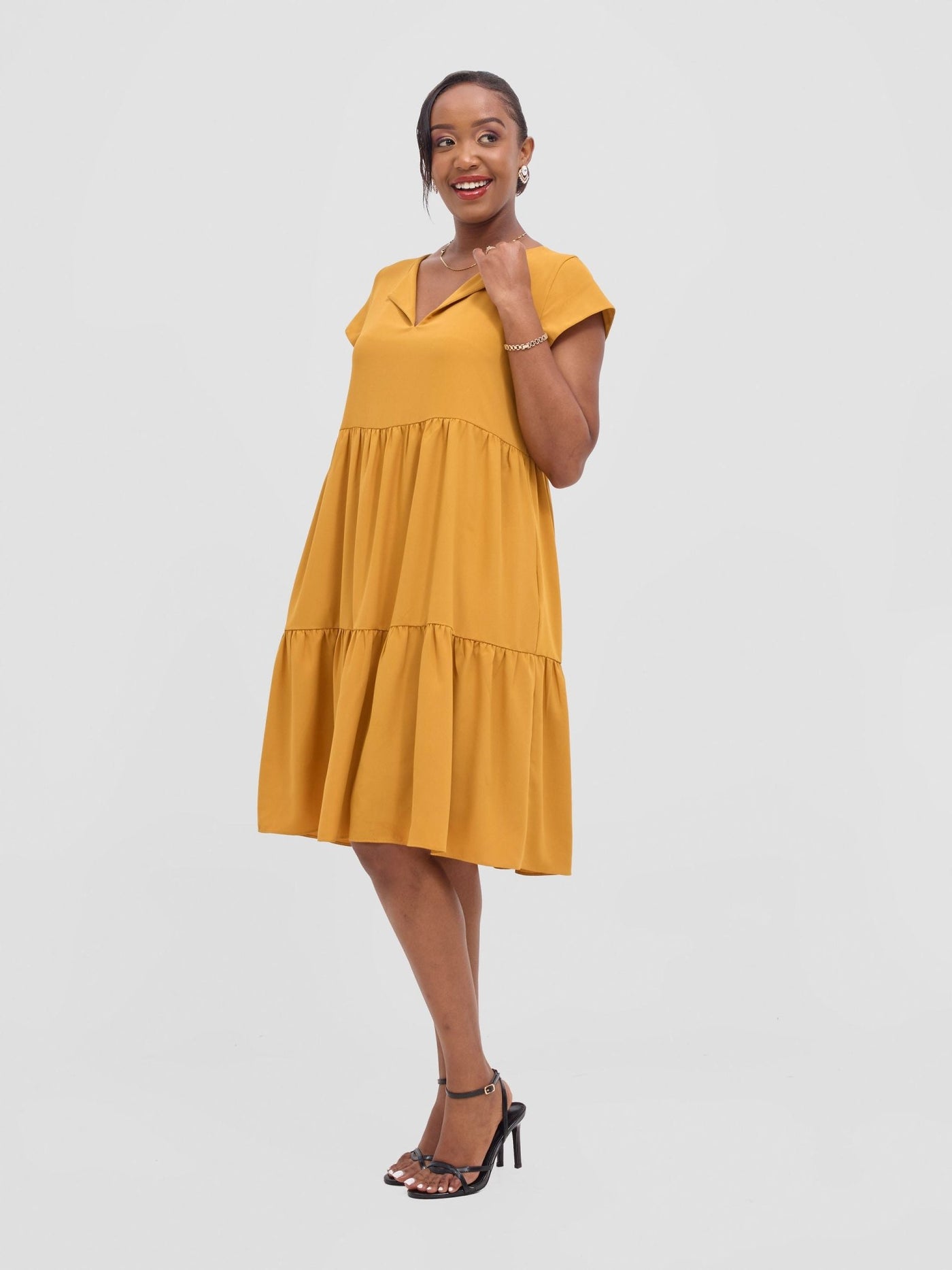 Vivo Pelia Round Neck Dress - Mustard - Shopzetu