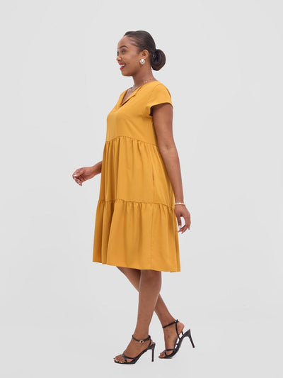 Vivo Pelia Round Neck Dress - Mustard - Shopzetu