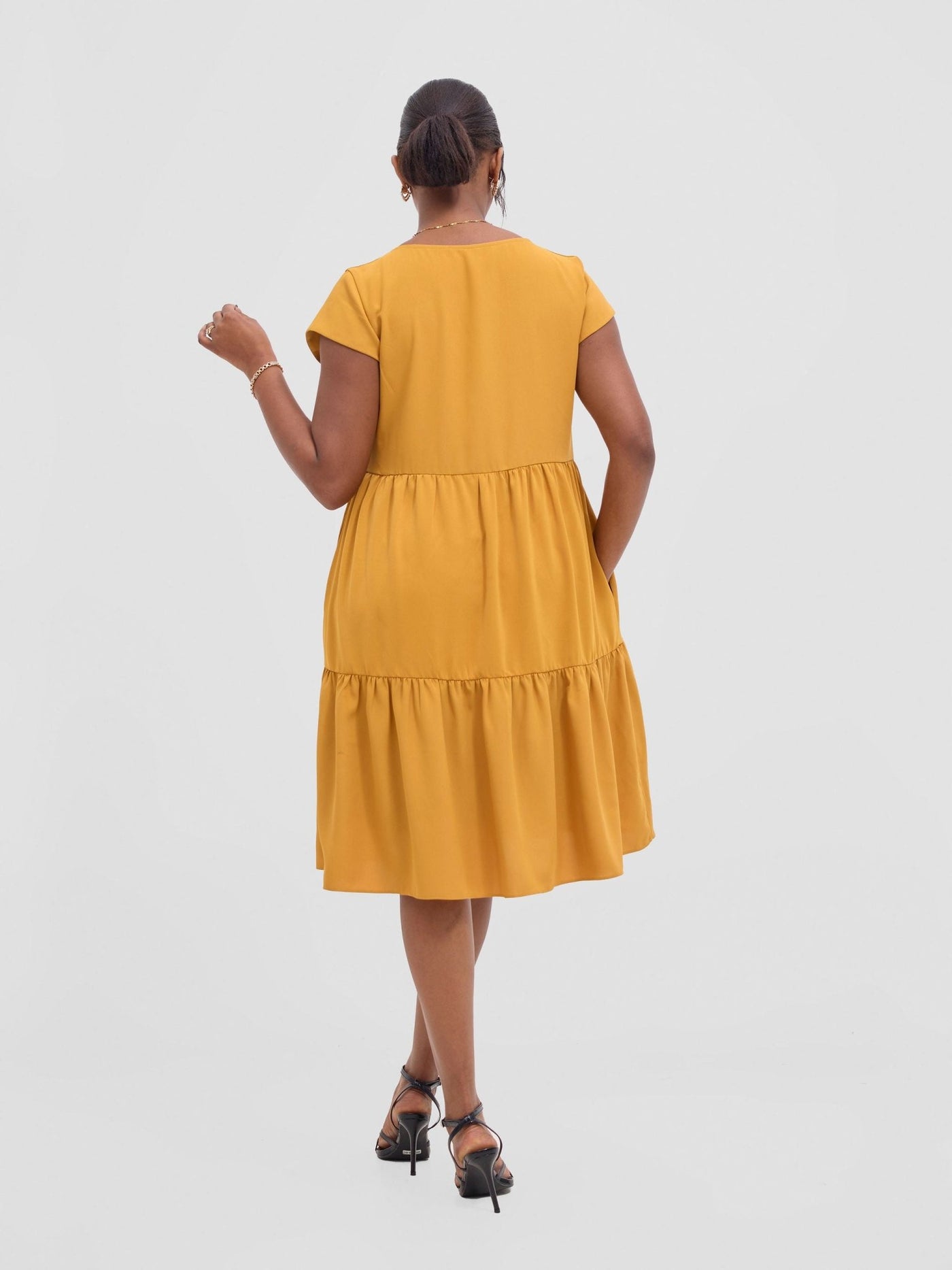 Vivo Pelia Round Neck Dress - Mustard - Shopzetu