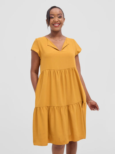 Vivo Pelia Round Neck Dress - Mustard - Shopzetu