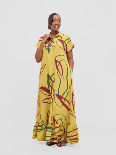 Vivo Asha Drop Shoulder Maxi Shirt Dress - Mustard Yellow / Burgundy Piko Print - Shopzetu