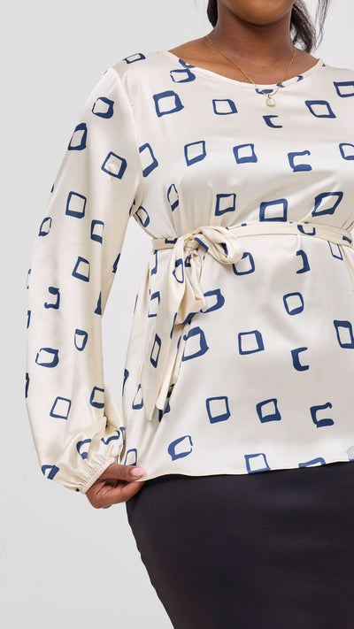 Vivo Basic Satin Bishop Sleeve Top - Off White / Navy Nita Print - Shopzetu