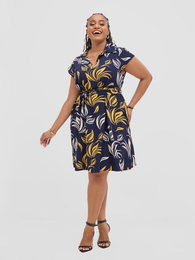 Vivo Zuri Cap Sleeve Knee Length Dress - Navy / Mustard Igabi Print - Shopzetu