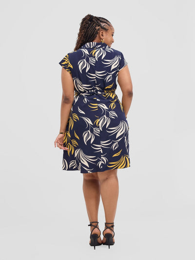 Vivo Zuri Cap Sleeve Knee Length Dress - Navy / Mustard Igabi Print - Shopzetu