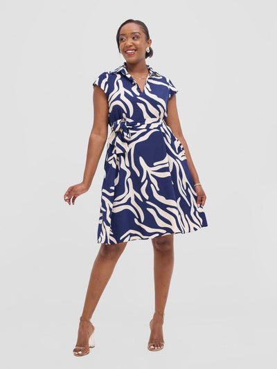 Vivo Zuri Cap Sleeve Knee Length Dress - Navy / Cream Umaca Print - Shopzetu