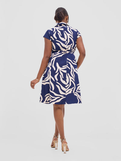 Vivo Zuri Cap Sleeve Knee Length Dress - Navy / Cream Umaca Print - Shopzetu