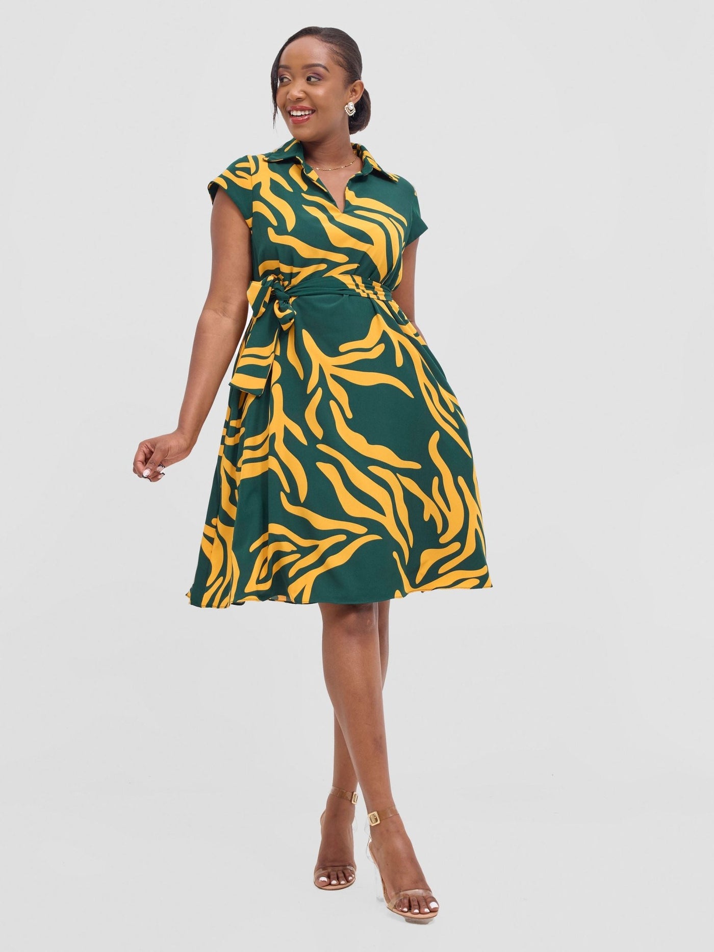 Vivo Zuri Cap Sleeve Knee Length Dress - Mustard / Green Umaca Print - Shopzetu