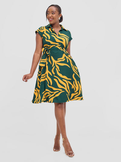 Vivo Zuri Cap Sleeve Knee Length Dress - Mustard / Green Umaca Print - Shopzetu