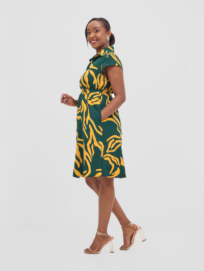 Vivo Zuri Cap Sleeve Knee Length Dress - Mustard / Green Umaca Print - Shopzetu