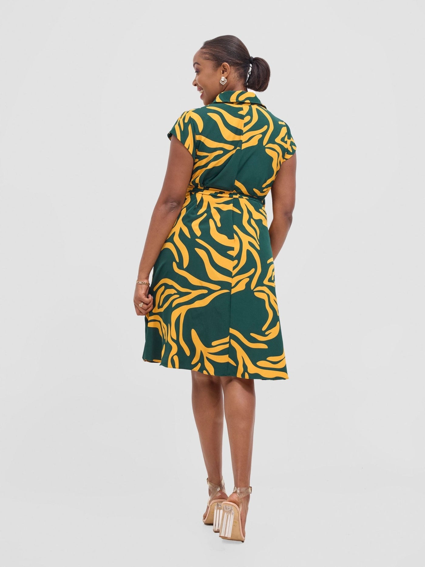 Vivo Zuri Cap Sleeve Knee Length Dress - Mustard / Green Umaca Print - Shopzetu