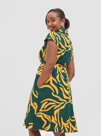 Vivo Zuri Cap Sleeve Knee Length Dress - Mustard / Green Umaca Print - Shopzetu