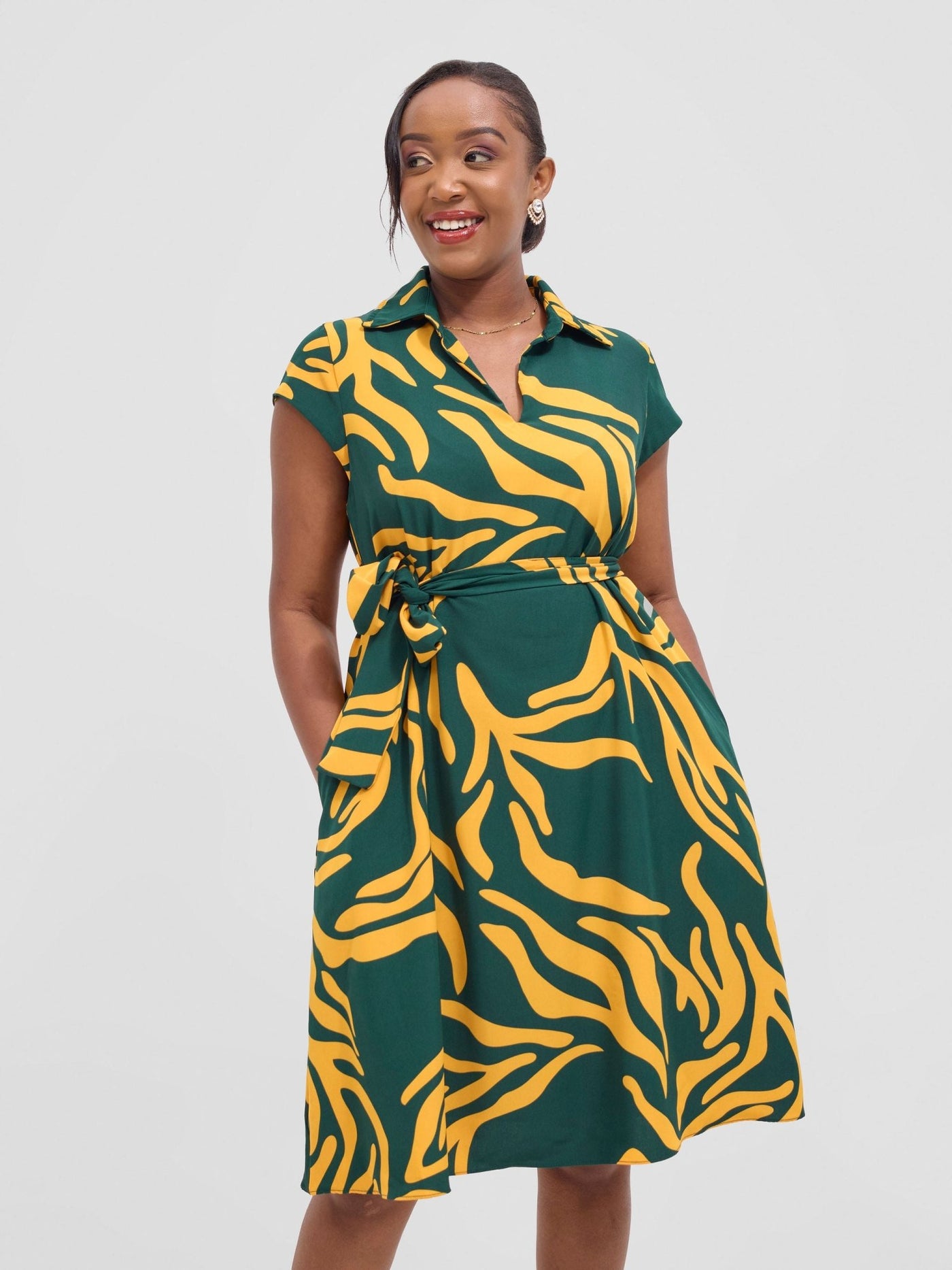 Vivo Zuri Cap Sleeve Knee Length Dress - Mustard / Green Umaca Print - Shopzetu