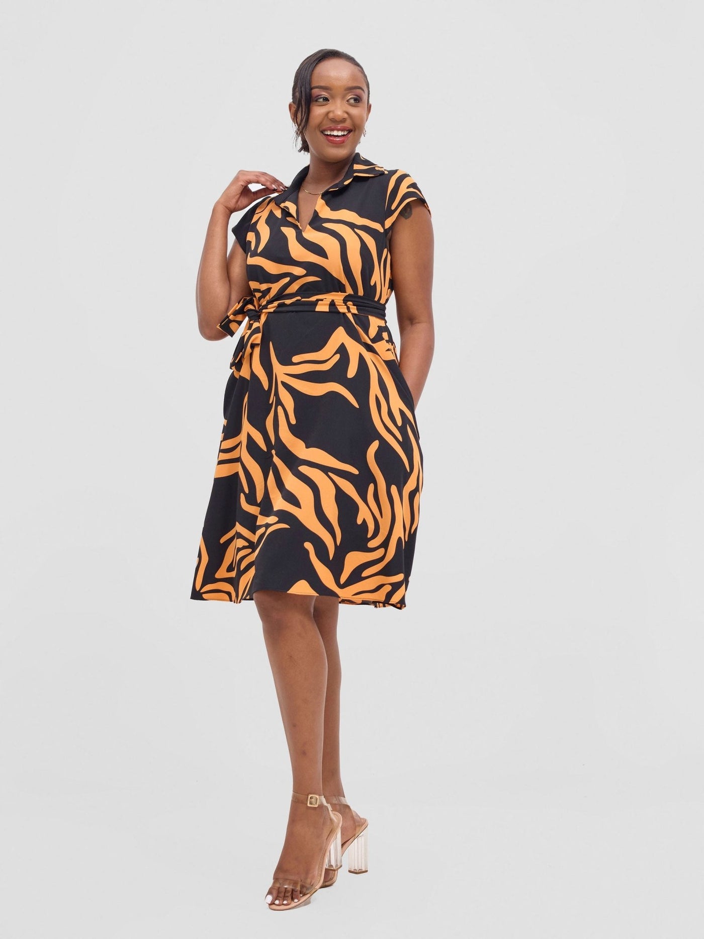 Vivo Zuri Cap Sleeve Knee Length Dress - Orange / Black Umaca Print - Shopzetu