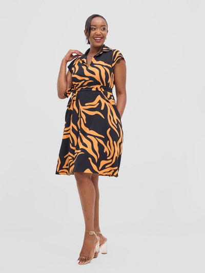 Vivo Zuri Cap Sleeve Knee Length Dress - Orange / Black Umaca Print - Shopzetu