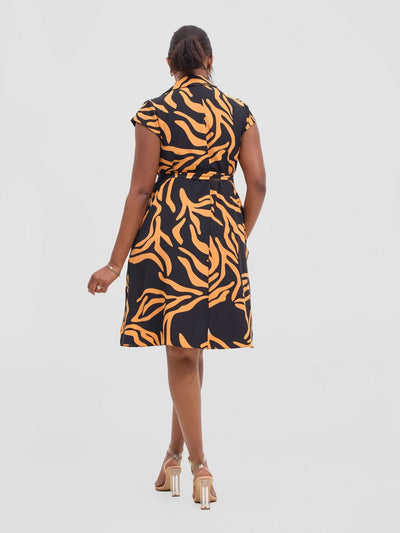 Vivo Zuri Cap Sleeve Knee Length Dress - Orange / Black Umaca Print - Shopzetu