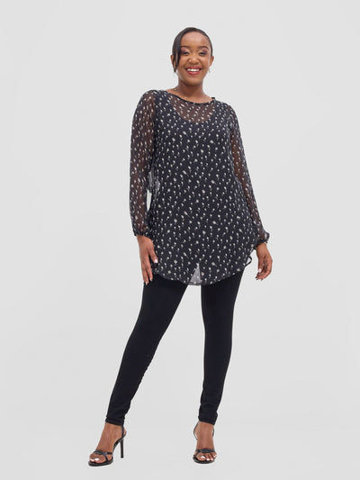 Vivo Basic Tsavo Scalloped Chiffon Top - Black / White Rosa Print - Shopzetu