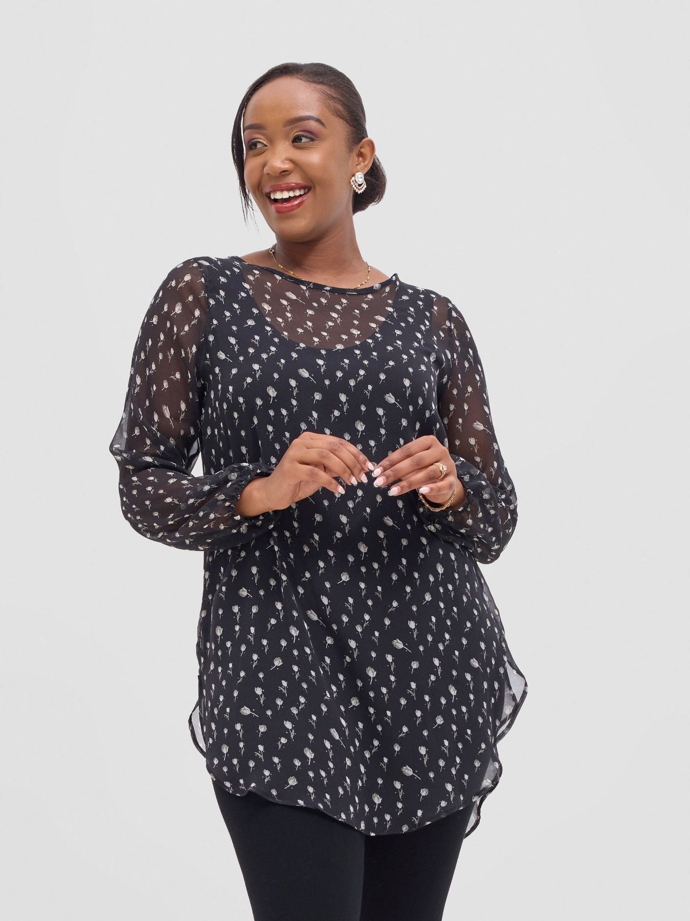 Vivo Basic Tsavo Scalloped Chiffon Top - Black / White Rosa Print - Shopzetu