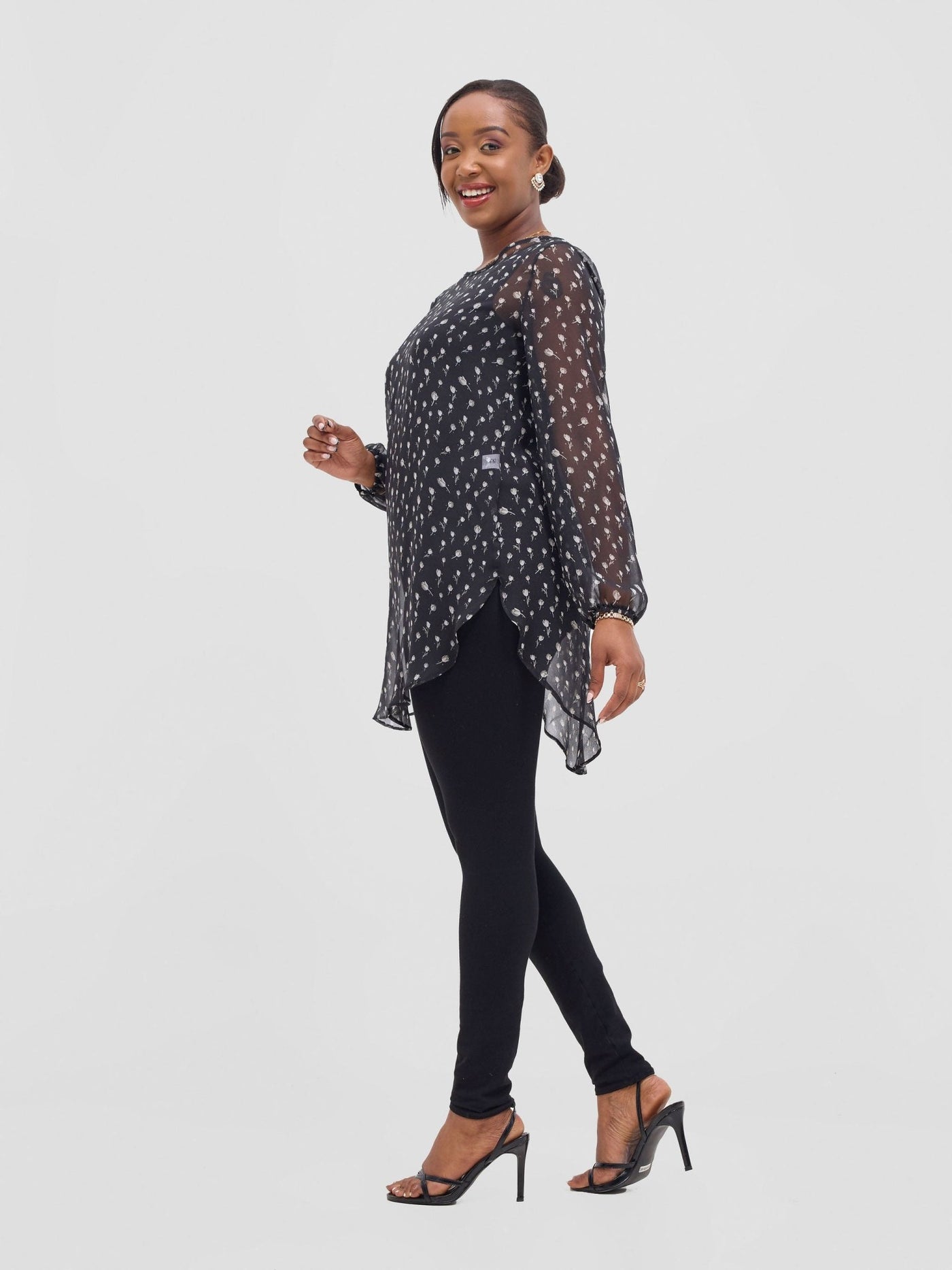 Vivo Basic Tsavo Scalloped Chiffon Top - Black / White Rosa Print - Shopzetu