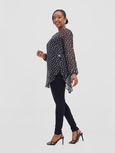 Vivo Basic Tsavo Scalloped Chiffon Top - Black / White Rosa Print - Shopzetu