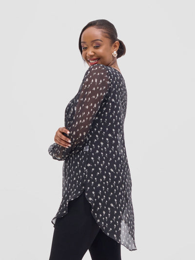 Vivo Basic Tsavo Scalloped Chiffon Top - Black / White Rosa Print - Shopzetu