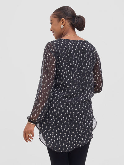 Vivo Basic Tsavo Scalloped Chiffon Top - Black / White Rosa Print - Shopzetu