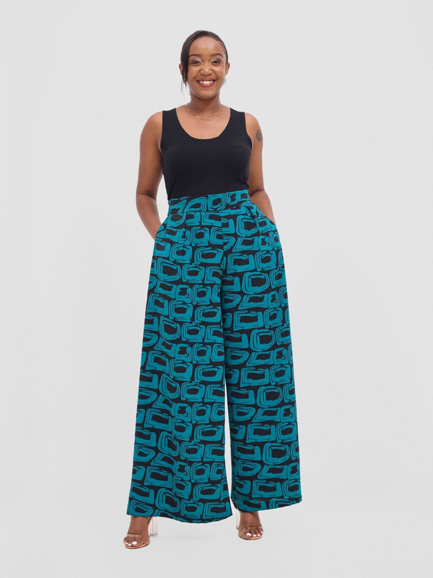 Vivo Basic Crepe Pants - Teal / Black Umbo Print - Shopzetu