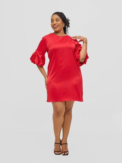 Vivo Meli Puff Sleeve Shift Dress - Red - Shopzetu