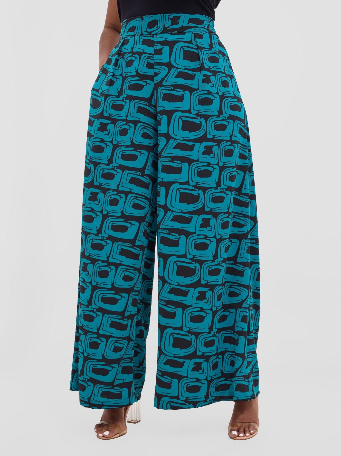 Vivo Basic Crepe Pants - Teal / Black Umbo Print - Shopzetu