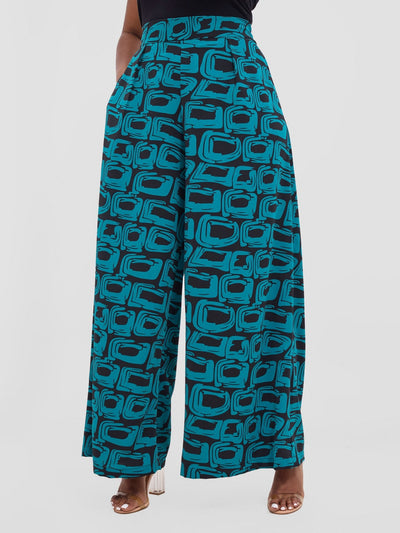 Vivo Basic Crepe Pants - Teal / Black Umbo Print - Shopzetu