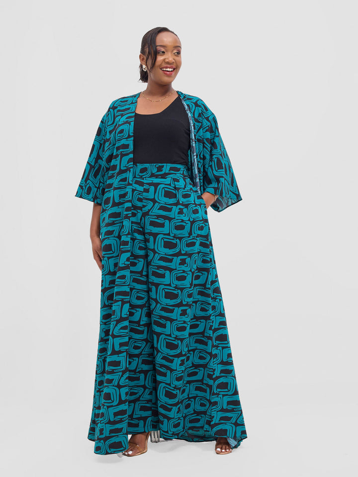 Vivo Alek 3/4 sleeve A-Line Kimono - Teal / Black Umbo Print