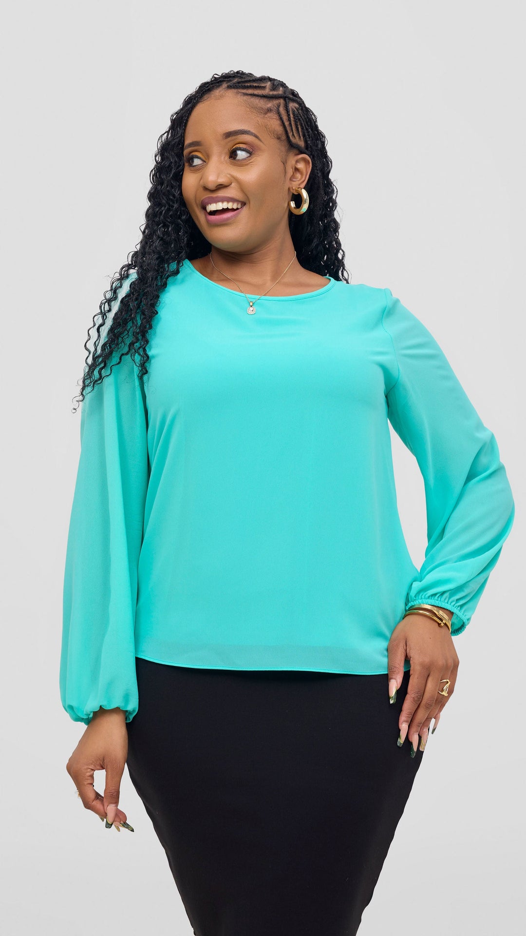 Vivo Basic Chiffon Bishop Sleeve Top (Double Layered) - Sea Green