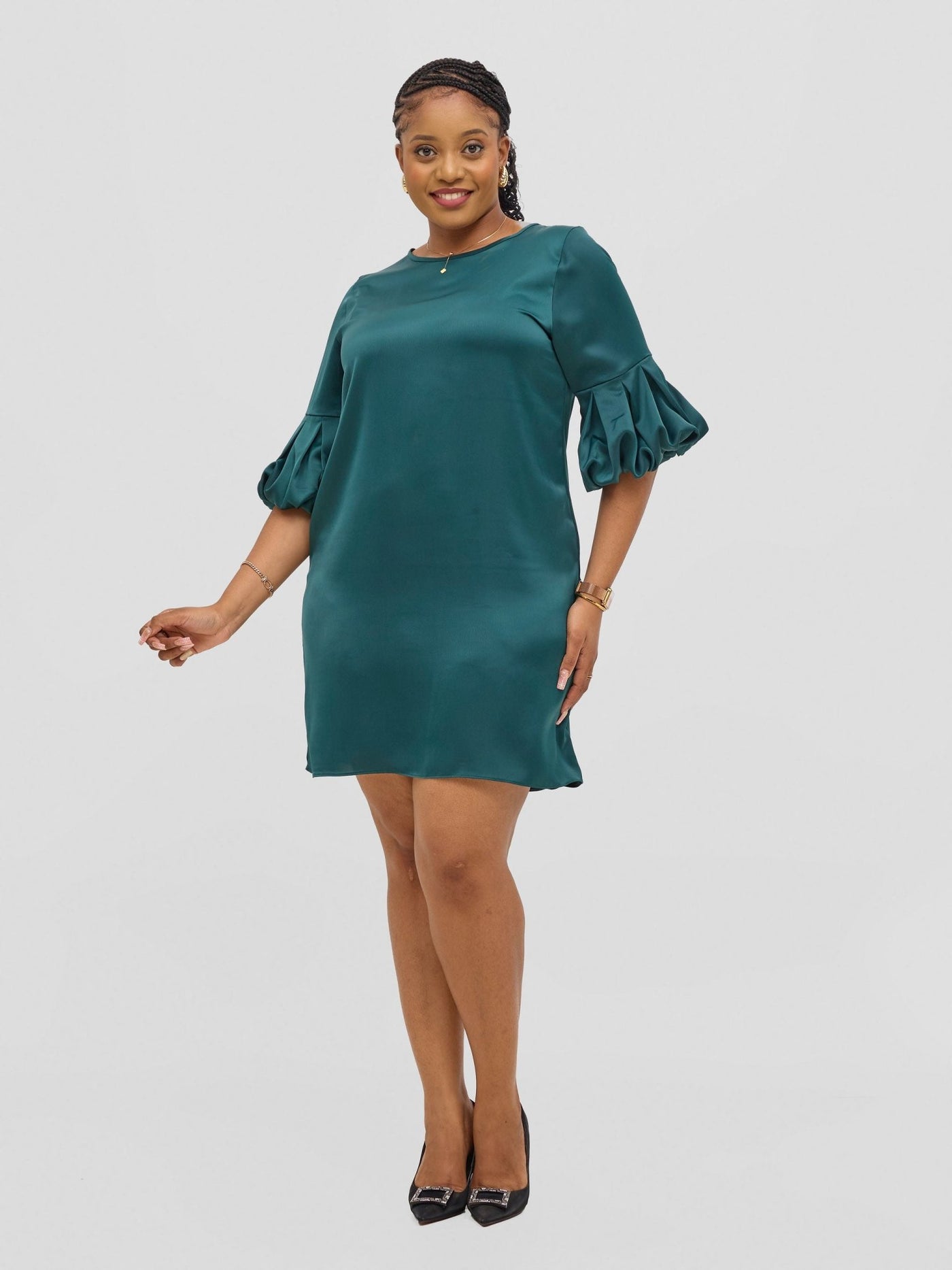 Vivo Meli Puff Sleeve Shift Dress - Dark Green - Shopzetu