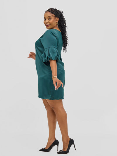 Vivo Meli Puff Sleeve Shift Dress - Dark Green - Shopzetu