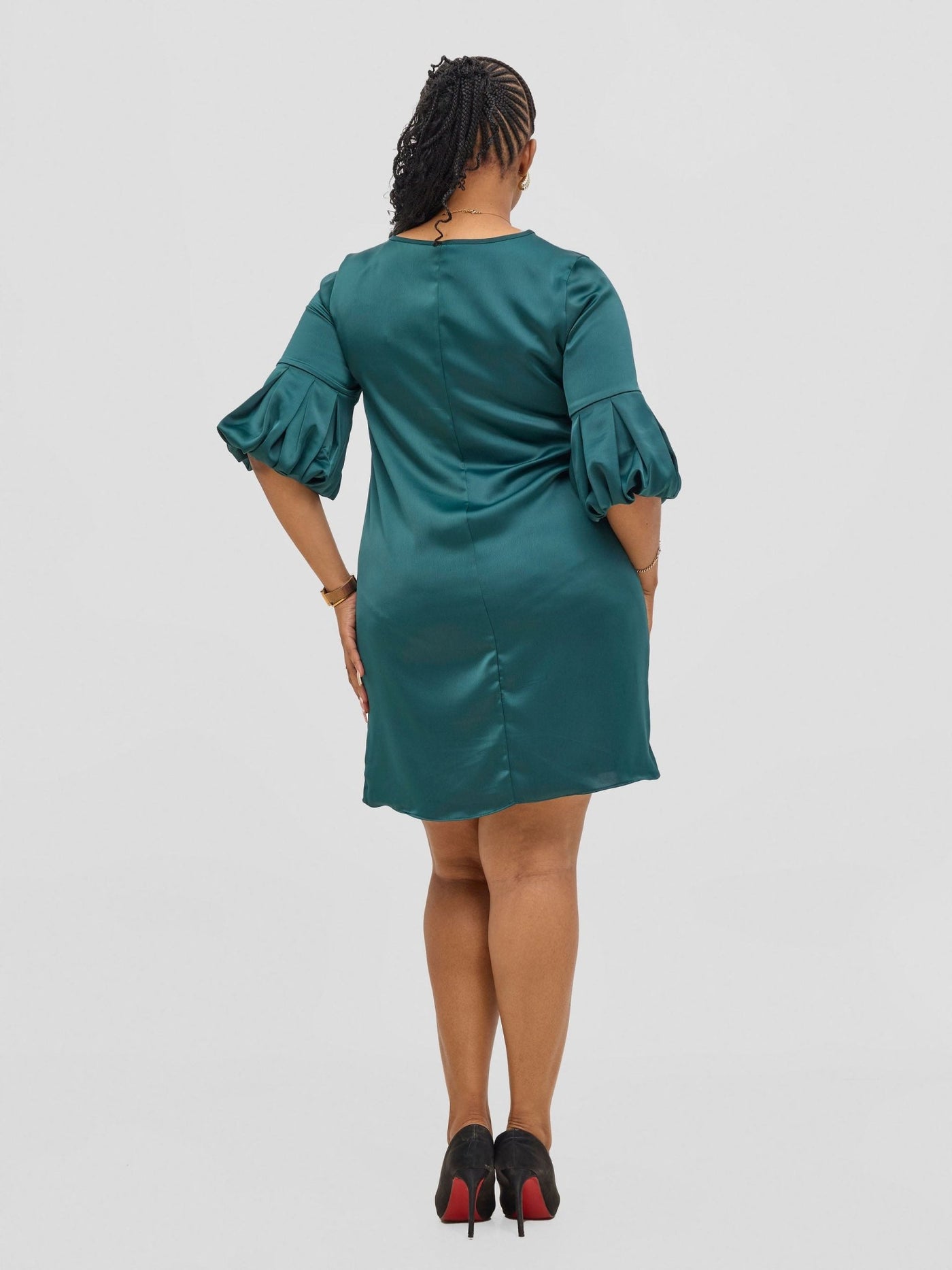 Vivo Meli Puff Sleeve Shift Dress - Dark Green - Shopzetu