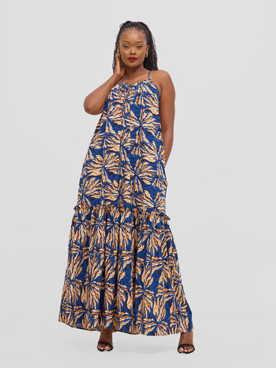 Vivo Sarabi Strappy Flounce Maxi Dress - Orange / Cobalt Print - Shopzetu