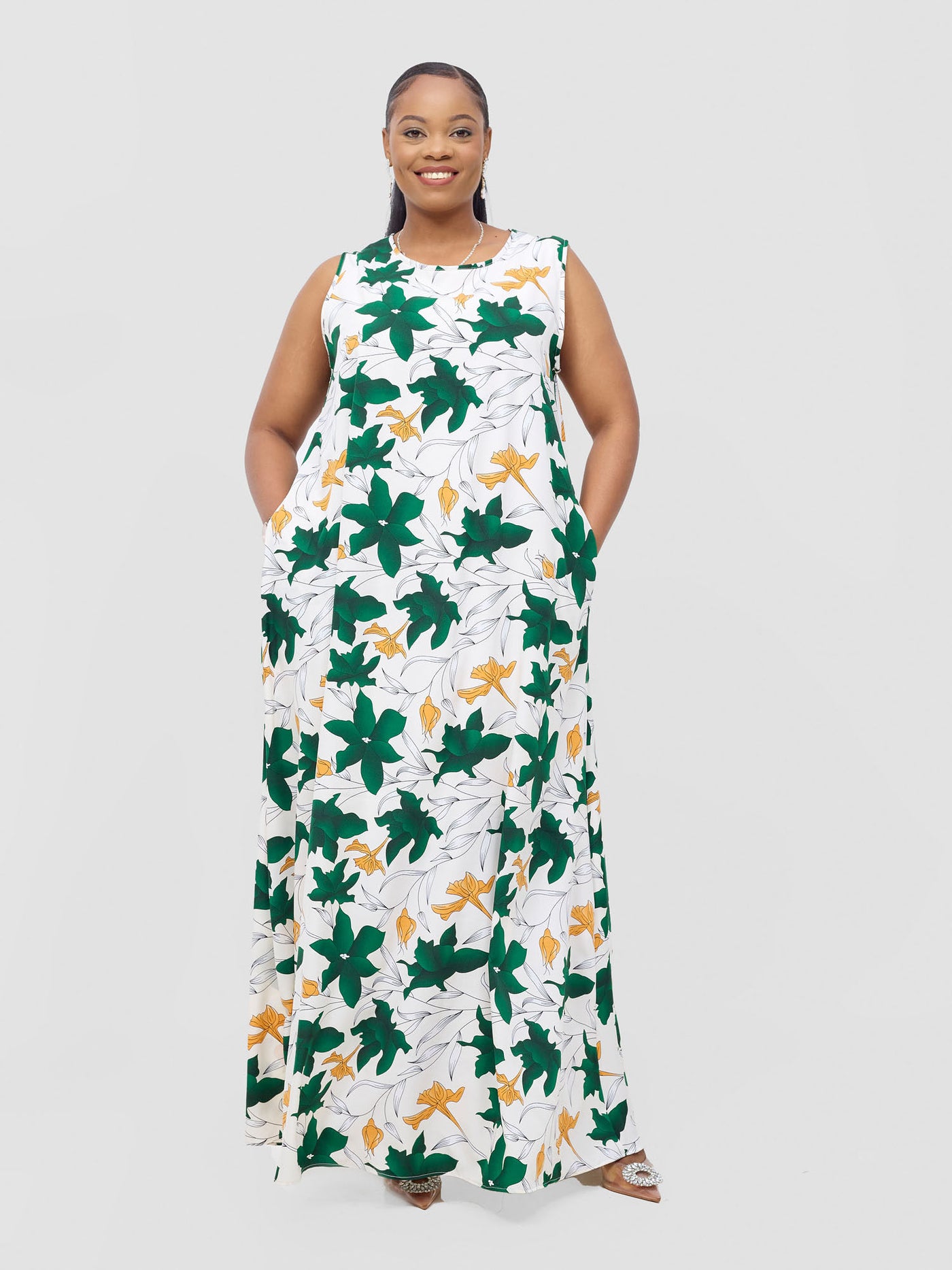 Vivo Basic Sleeveless Tent Maxi Dress - White / Green Doret Print