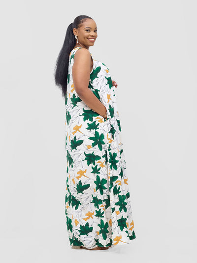 Vivo Basic Sleeveless Tent Maxi Dress - White / Green Doret Print