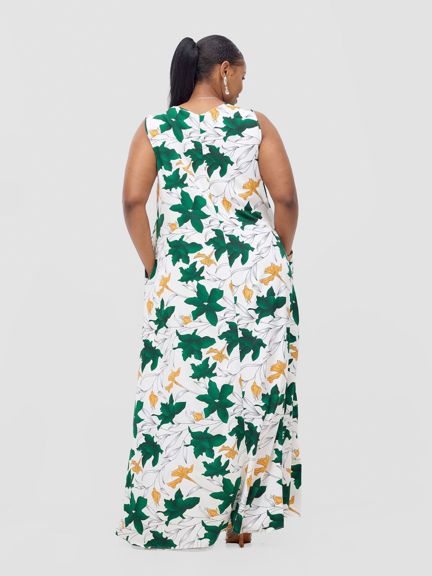 Vivo Basic Sleeveless Tent Maxi Dress - White / Green Doret Print
