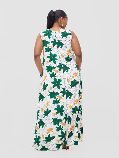 Vivo Basic Sleeveless Tent Maxi Dress - White / Green Doret Print